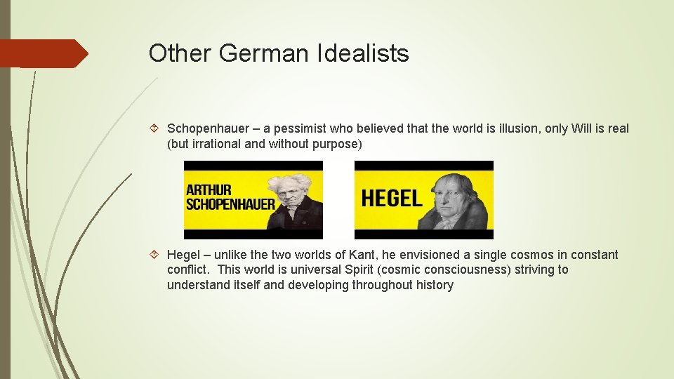 Other German Idealists Schopenhauer – a pessimist who believed that the world is illusion,