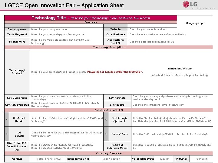 LGTCE Open Innovation Fair – Application Sheet Technology Title - describe your technology in