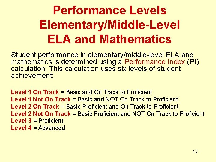 Performance Levels Elementary/Middle-Level ELA and Mathematics Student performance in elementary/middle-level ELA and mathematics is