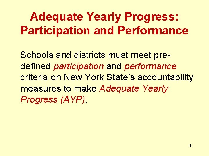 Adequate Yearly Progress: Participation and Performance Schools and districts must meet predefined participation and