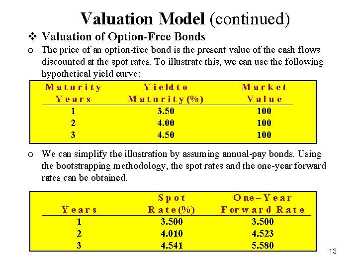 Valuation Model (continued) v Valuation of Option-Free Bonds o The price of an option-free
