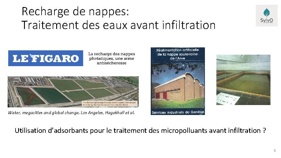 Recharge de nappes: Traitement des eaux avant infiltration Water, megacities and global change. Los