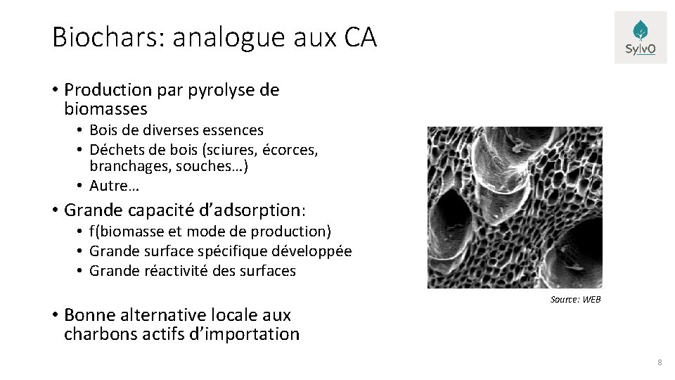 Biochars: analogue aux CA • Production par pyrolyse de biomasses • Bois de diverses