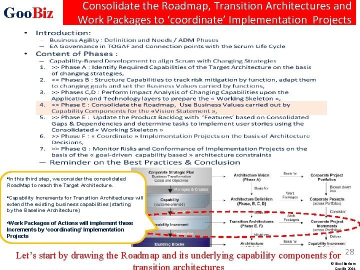 Goo. Biz Consolidate the Roadmap, Transition Architectures and Work Packages to ‘coordinate’ Implementation Projects