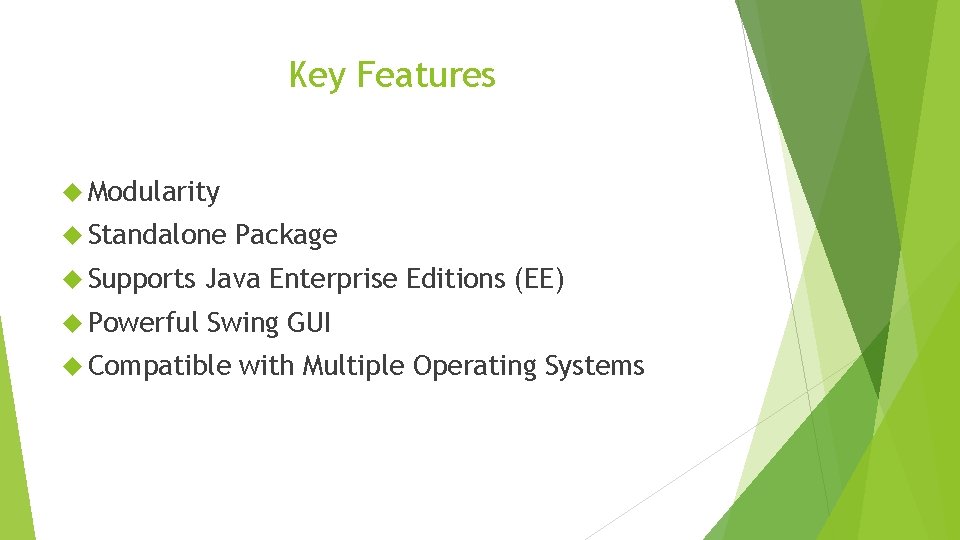 Key Features Modularity Standalone Package Supports Java Enterprise Editions (EE) Powerful Swing GUI Compatible