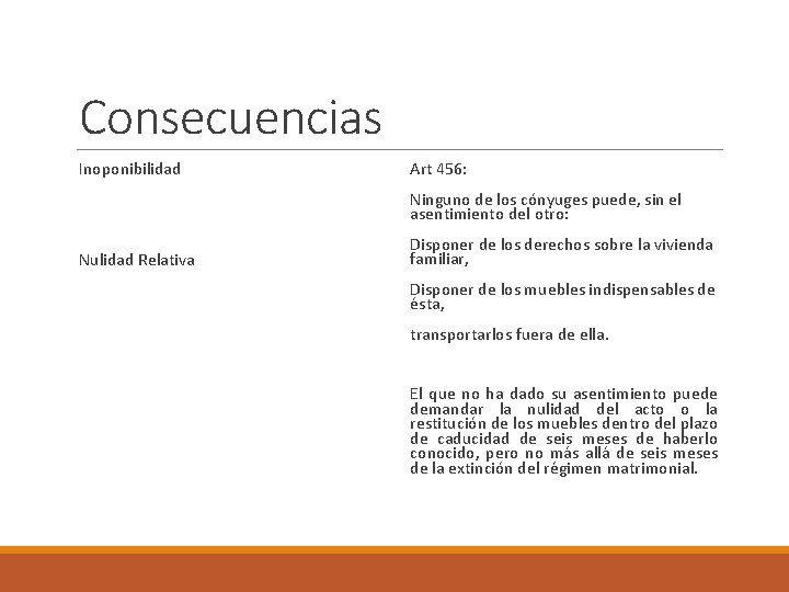 Consecuencias Inoponibilidad Art 456: Ninguno de los cónyuges puede, sin el asentimiento del otro: