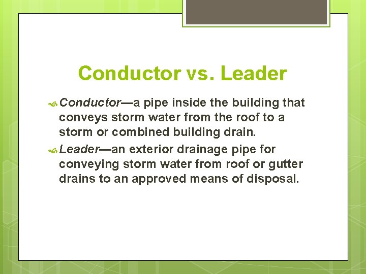 Conductor vs. Leader Conductor—a pipe inside the building that conveys storm water from the