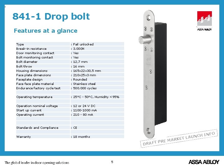 , 841 -1 Drop bolt Features at a glance Type Break-in resistance Door monitoring
