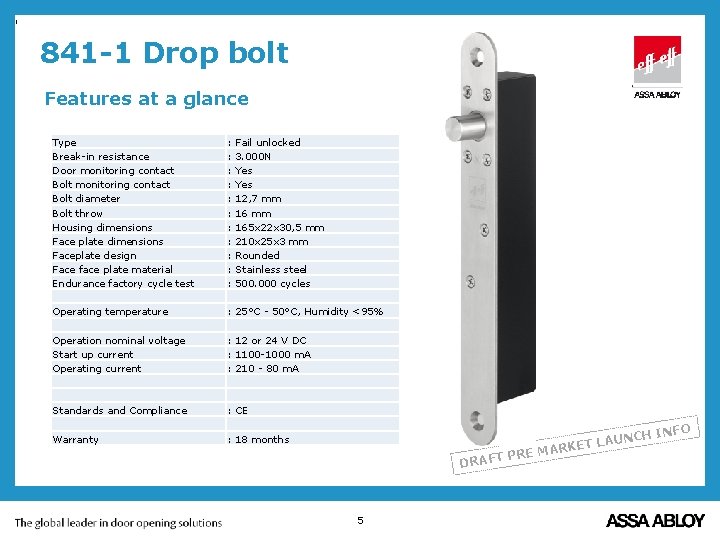 , 841 -1 Drop bolt Features at a glance Type Break-in resistance Door monitoring , 841 -1 Drop bolt Features at a glance Type Break-in resistance Door monitoring