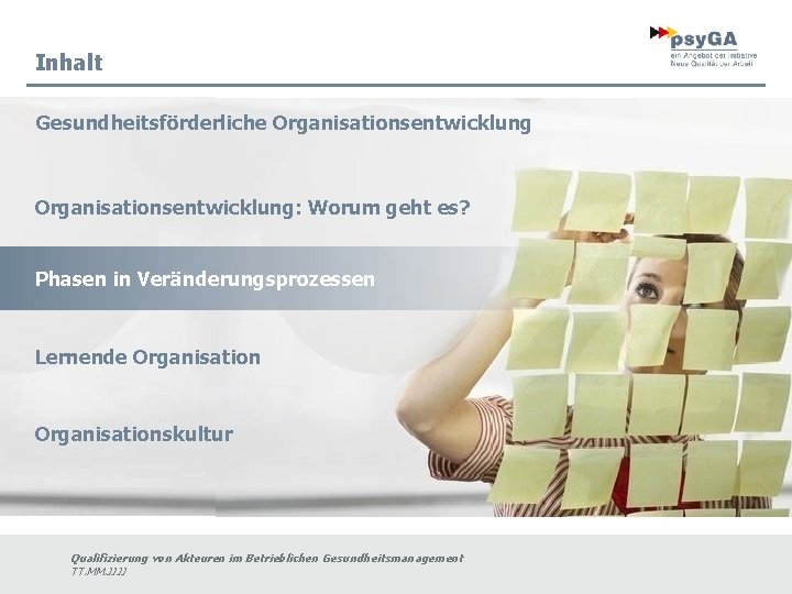 Inhalt Gesundheitsförderliche Organisationsentwicklung: Worum geht es? Phasen in Veränderungsprozessen Lernende Organisationskultur Qualifizierung von Akteuren