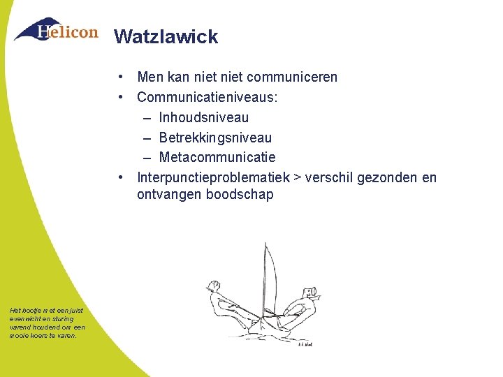 Watzlawick • Men kan niet communiceren • Communicatieniveaus: – Inhoudsniveau – Betrekkingsniveau – Metacommunicatie