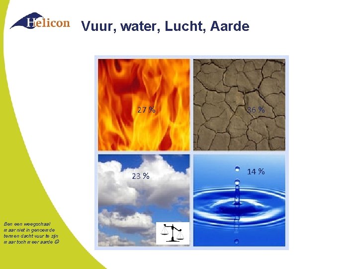 Vuur, water, Lucht, Aarde 27 % 23 % Ben een weegschaal maar niet in