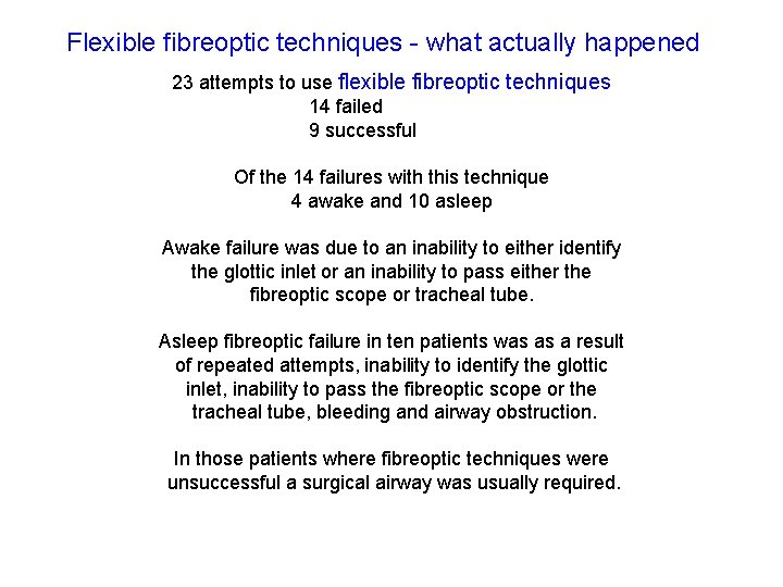 Flexible fibreoptic techniques - what actually happened 23 attempts to use flexible fibreoptic techniques