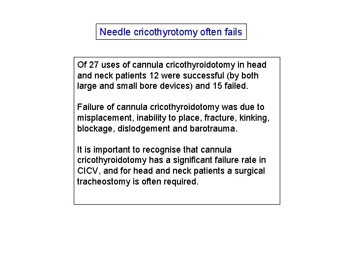 Needle cricothyrotomy often fails Of 27 uses of cannula cricothyroidotomy in head and neck