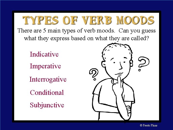 There are 5 main types of verb moods. Can you guess what they express