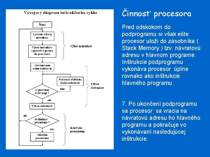 Činnosť procesora Pred odskokom do podprogramu si však ešte procesor uloží do zásobníka (