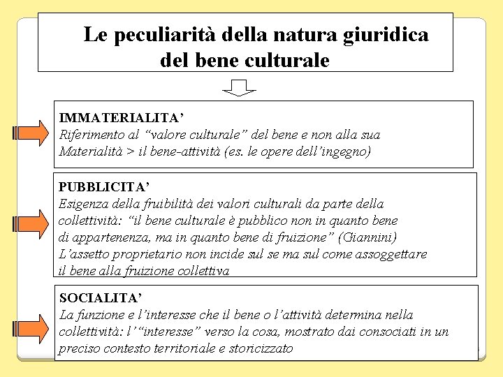 Le peculiarità della natura giuridica del bene culturale IMMATERIALITA’ Riferimento al “valore culturale” del