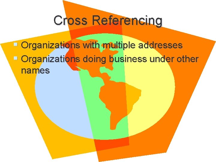 Cross Referencing § Organizations with multiple addresses § Organizations doing business under other names