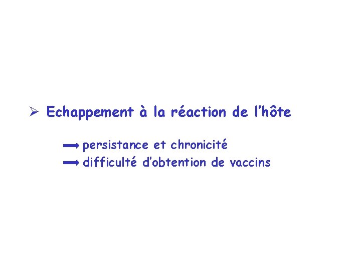 Ø Echappement à la réaction de l’hôte persistance et chronicité difficulté d’obtention de vaccins