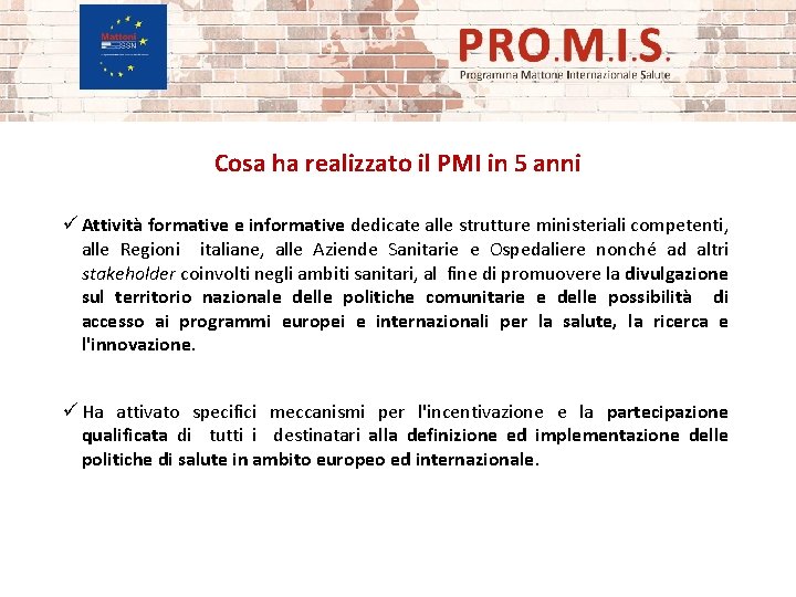 Cosa ha realizzato il PMI in 5 anni ü Attività formative e informative dedicate