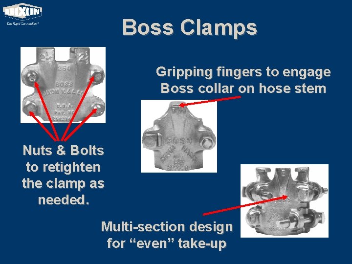 Boss Clamps Gripping fingers to engage Boss collar on hose stem Nuts & Bolts