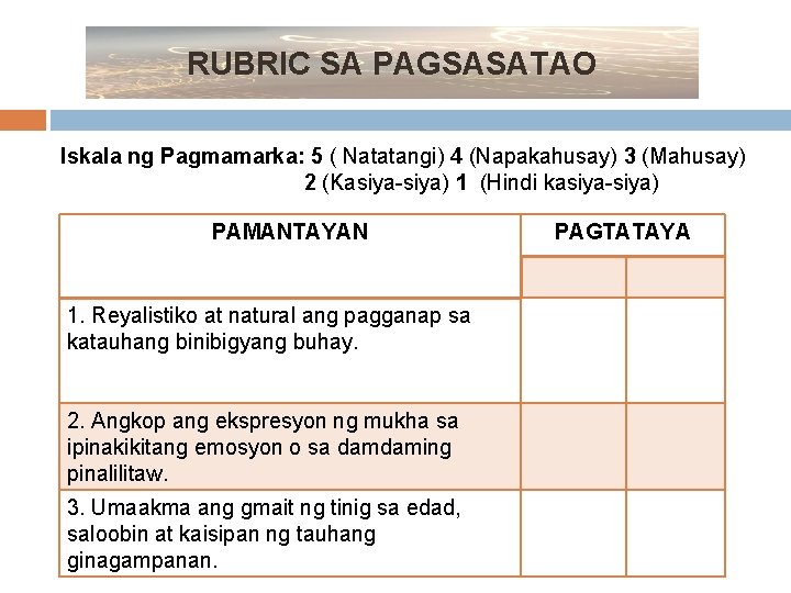 RUBRIC SA PAGSASATAO Iskala ng Pagmamarka: 5 ( Natatangi) 4 (Napakahusay) 3 (Mahusay) 2