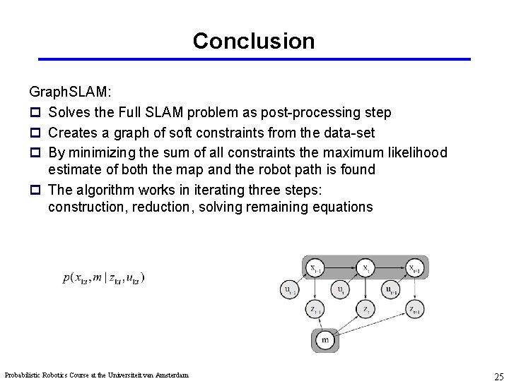 Conclusion Graph. SLAM: p Solves the Full SLAM problem as post-processing step p Creates