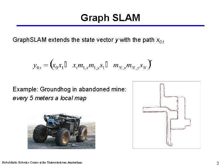 Graph SLAM Graph. SLAM extends the state vector y with the path x 0: