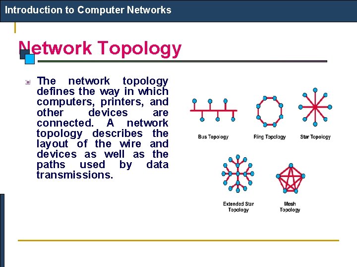 Introduction to Computer Networks Network Topology The network topology defines the way in which
