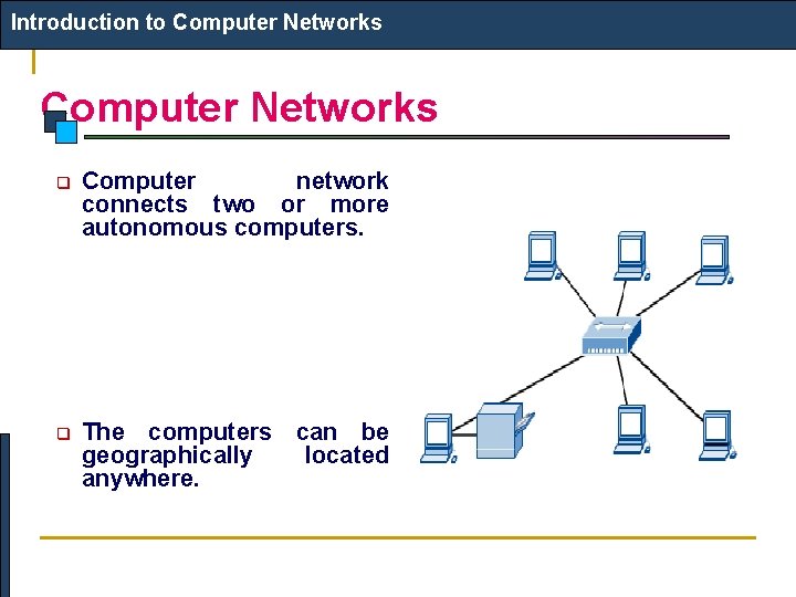 Introduction to Computer Networks q Computer network connects two or more autonomous computers. q