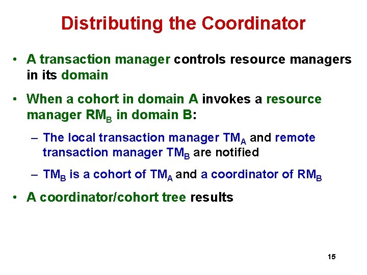 Distributing the Coordinator • A transaction manager controls resource managers in its domain • Distributing the Coordinator • A transaction manager controls resource managers in its domain •