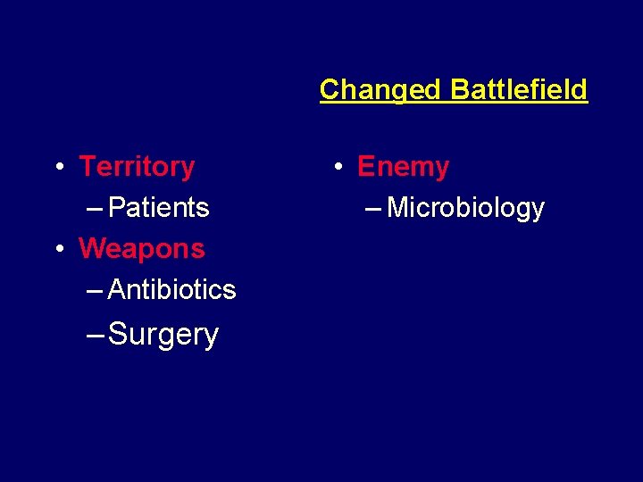 Changed Battlefield • Territory – Patients • Weapons – Antibiotics – Surgery • Enemy
