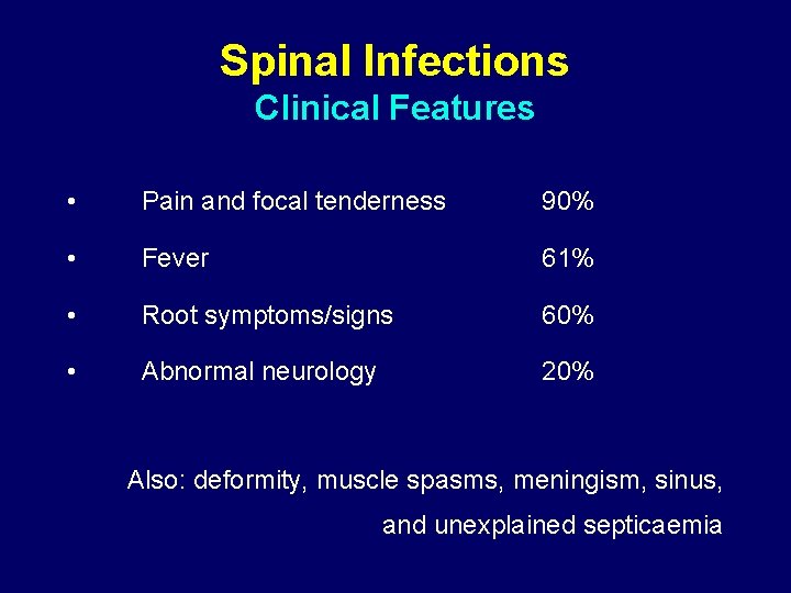 Spinal Infections Clinical Features • Pain and focal tenderness 90% • Fever 61% •