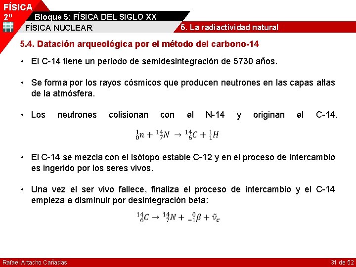 FÍSICA Bloque 5: FÍSICA DEL SIGLO XX 2º 5. La radiactividad natural FÍSICA NUCLEAR