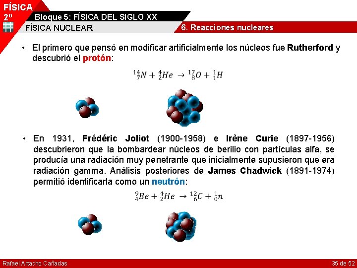 FÍSICA Bloque 5: FÍSICA DEL SIGLO XX 2º 6. Reacciones nucleares FÍSICA NUCLEAR •