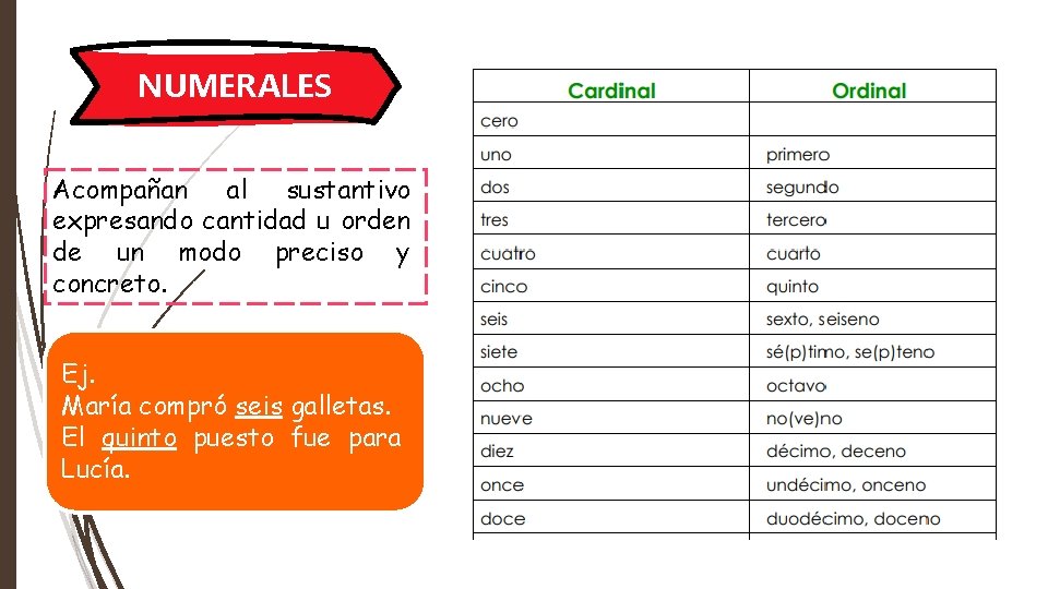 NUMERALES Acompañan al sustantivo expresando cantidad u orden de un modo preciso y concreto.