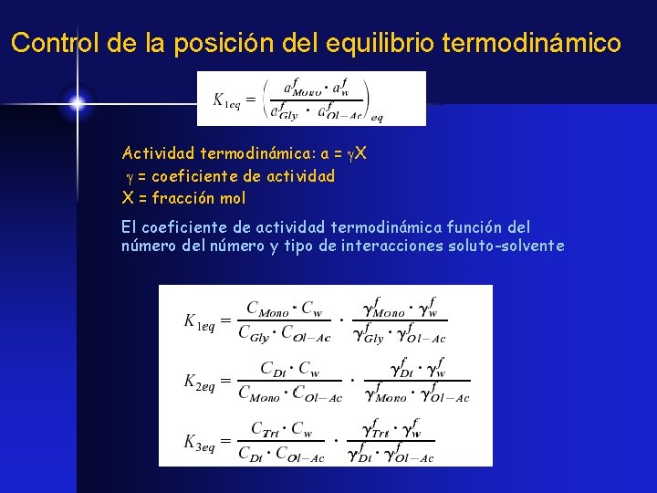 Control de la posición del equilibrio termodinámico Actividad termodinámica: a = X = coeficiente