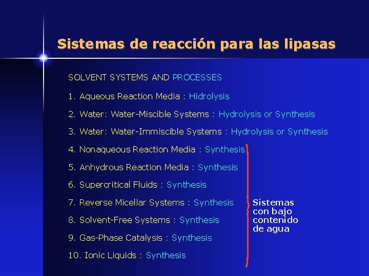 Sistemas de reacción para las lipasas SOLVENT SYSTEMS AND PROCESSES 1. Aqueous Reaction Media