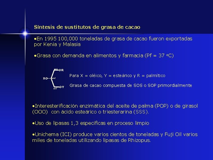 Síntesis de sustitutos de grasa de cacao • En 1995 100, 000 toneladas de