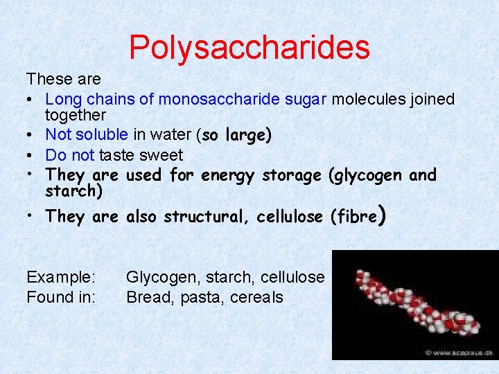 Polysaccharides These are • Long chains of monosaccharide sugar molecules joined together • Not