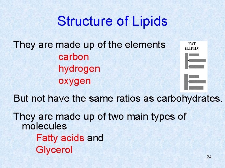 Structure of Lipids They are made up of the elements carbon hydrogen oxygen But