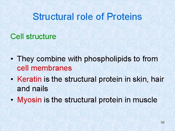 Structural role of Proteins Cell structure • They combine with phospholipids to from cell