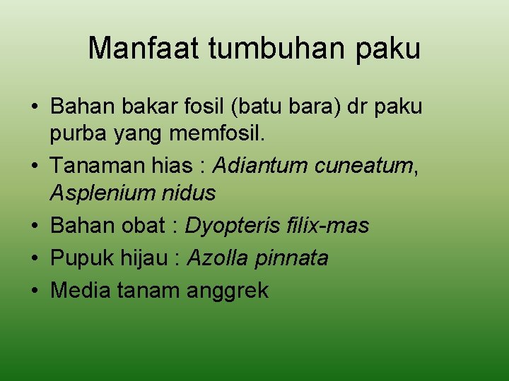 Manfaat tumbuhan paku • Bahan bakar fosil (batu bara) dr paku purba yang memfosil.