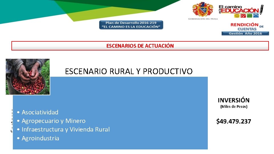 ESCENARIOS DE ACTUACIÓN ESCENARIO RURAL Y PRODUCTIVO Sectores INVERSIÓN • Asociatividad • Agropecuario y