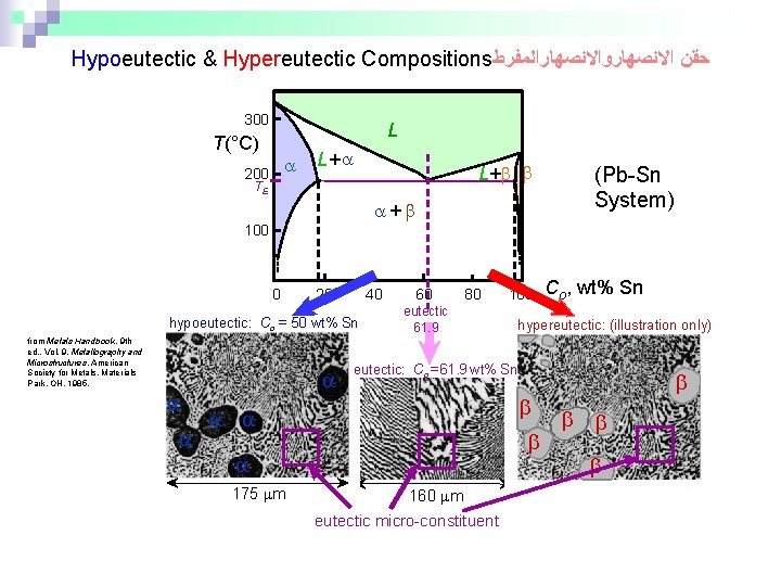 Hypoeutectic & Hypereutectic Compositions ﺣﻘﻦ ﺍﻻﻧﺼﻬﺎﺭﻭﺍﻻﻧﺼﻬﺎﺭﺍﻟﻤﻔﺮﻁ 300 L T(°C) 200 L+ TE + 100