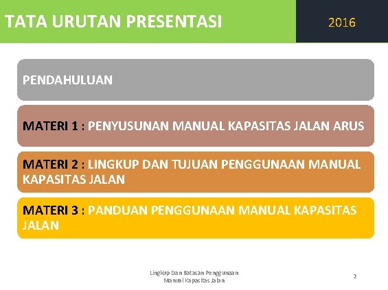 TATA URUTAN PRESENTASI 2016 PENDAHULUAN MATERI 1 : PENYUSUNAN MANUAL KAPASITAS JALAN ARUS MATERI