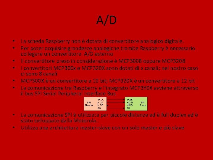 A/D • La scheda Raspberry non è dotata di convertitore analogico digitale. • Per