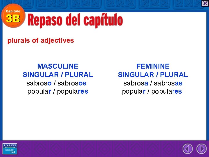 plurals of adjectives MASCULINE SINGULAR / PLURAL sabroso / sabrosos popular / populares FEMININE