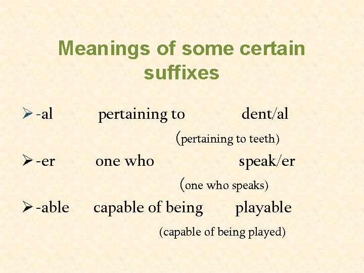 Meanings of some certain suffixes Ø -al Ø -er Ø -able pertaining to dent/al