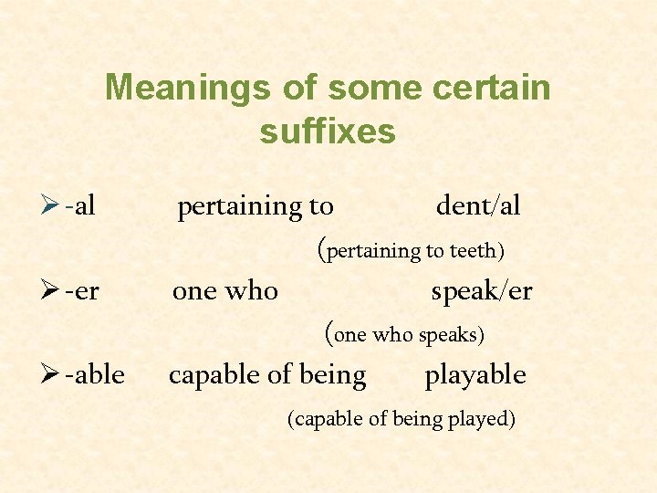 Meanings of some certain suffixes Ø -al Ø -er Ø -able pertaining to dent/al Meanings of some certain suffixes Ø -al Ø -er Ø -able pertaining to dent/al